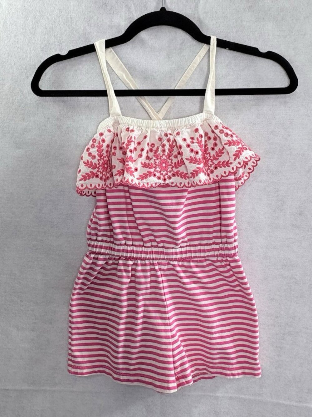 HANNA ANDERSON Girls Crisscross Straps Eyelet Romper Shorts Sz 8 Pink 2-27